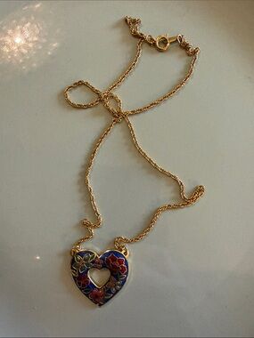 1988 Avon Gold Heart Pendant Necklace with Blue and Red Floral Enamel